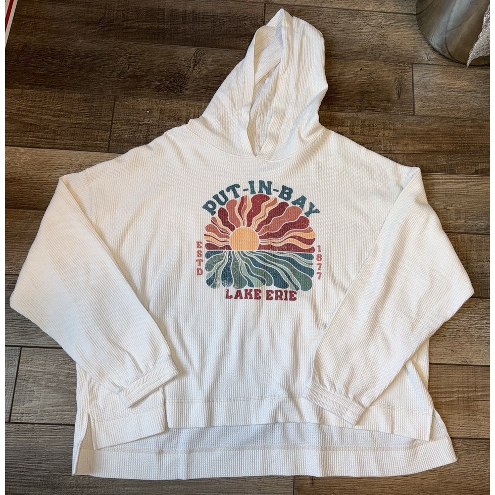 League Put-in-Bay Lake Erie Waffle Knit Hoodie Retro Graphic Pullover Cream XL